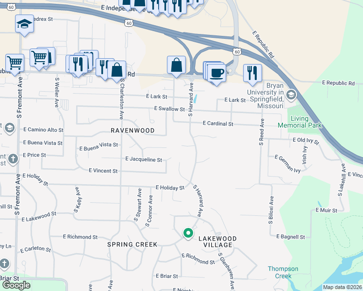 map of restaurants, bars, coffee shops, grocery stores, and more near 2001 East Timber Hill Place in Springfield