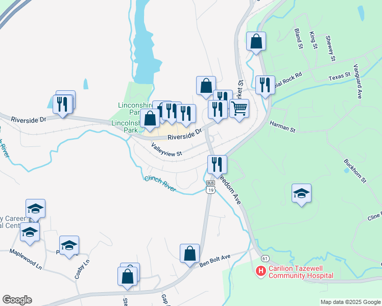 map of restaurants, bars, coffee shops, grocery stores, and more near 221 Valleyview Street in Tazewell
