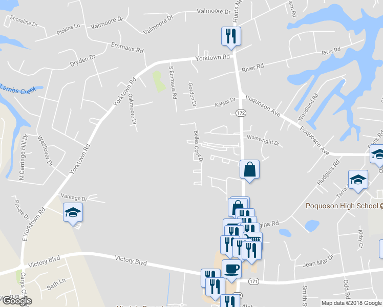 map of restaurants, bars, coffee shops, grocery stores, and more near 18 Bells Cove Dr in Poquoson