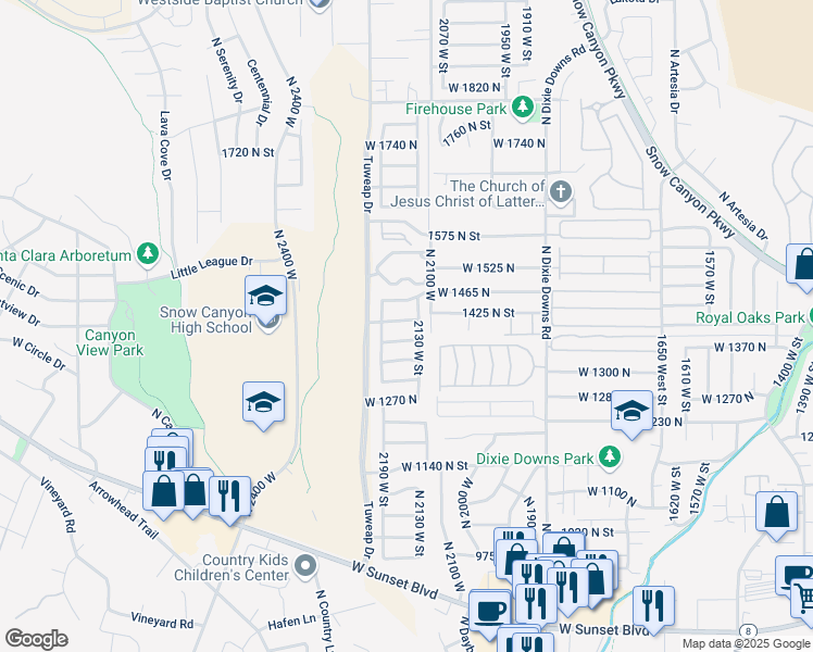 map of restaurants, bars, coffee shops, grocery stores, and more near 2153 1420 North Street in St. George