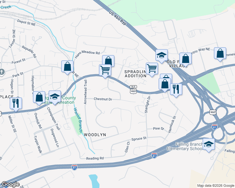 map of restaurants, bars, coffee shops, grocery stores, and more near 260 Barkwood St in Christiansburg