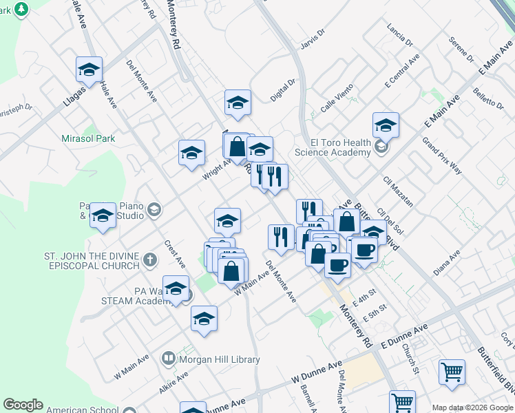 map of restaurants, bars, coffee shops, grocery stores, and more near 35 W Central Ave in Morgan Hill
