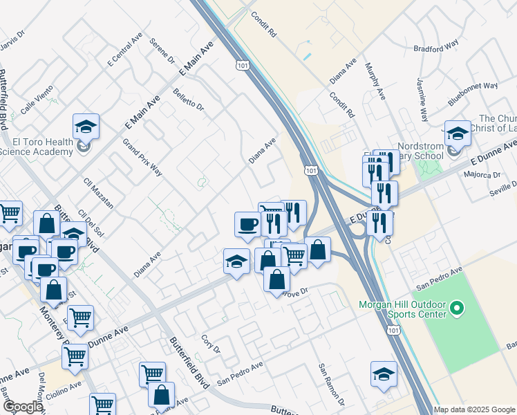 map of restaurants, bars, coffee shops, grocery stores, and more near 17236 James Lex Lane in Morgan Hill