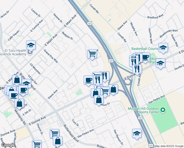 map of restaurants, bars, coffee shops, grocery stores, and more near 17236 James Lex Lane in Morgan Hill