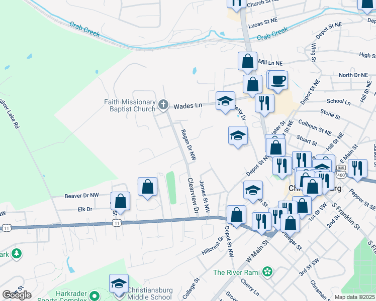 map of restaurants, bars, coffee shops, grocery stores, and more near 295 Ragan Drive Northwest in Christiansburg