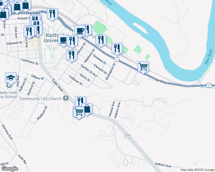 map of restaurants, bars, coffee shops, grocery stores, and more near 318 Calhoun Street in Radford