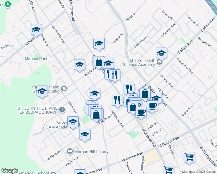 map of restaurants, bars, coffee shops, grocery stores, and more near 35 West Central Avenue in Morgan Hill
