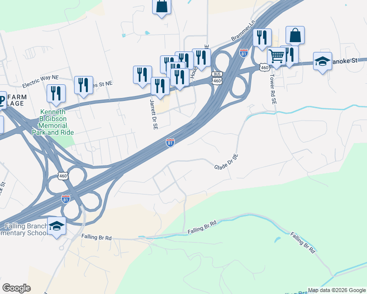 map of restaurants, bars, coffee shops, grocery stores, and more near 160 Cullen Court Southeast in Christiansburg