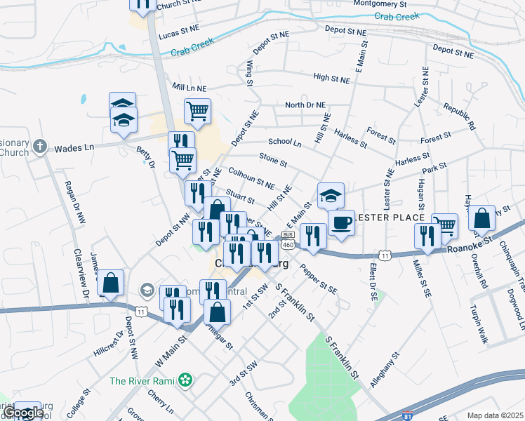 map of restaurants, bars, coffee shops, grocery stores, and more near 565 Stuart Street in Christiansburg