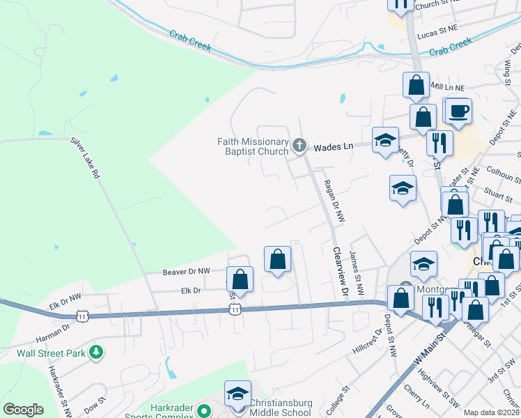 map of restaurants, bars, coffee shops, grocery stores, and more near 355 Warren Street in Christiansburg