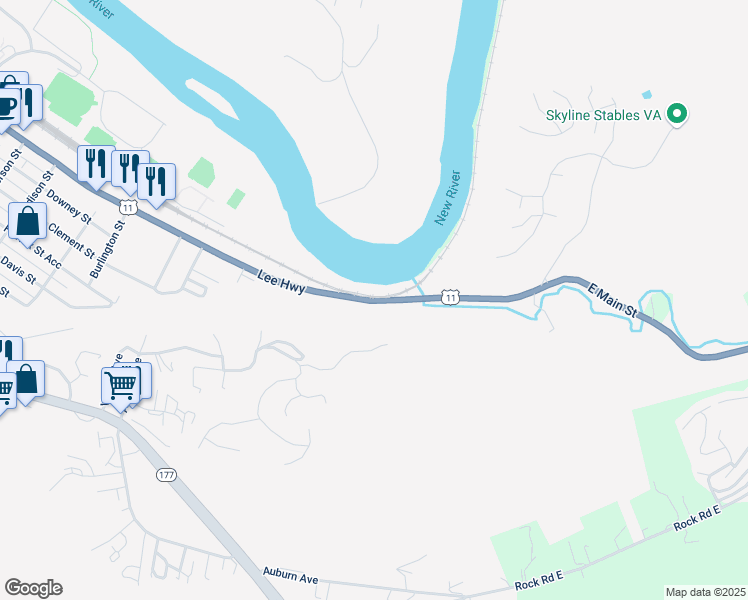 map of restaurants, bars, coffee shops, grocery stores, and more near 2-110 East Main Street in Radford