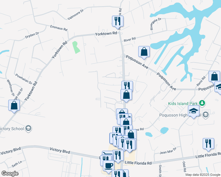 map of restaurants, bars, coffee shops, grocery stores, and more near 57 Charles Parish Drive in Poquoson