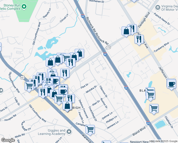 map of restaurants, bars, coffee shops, grocery stores, and more near 138 John Rolfe Drive in Newport News