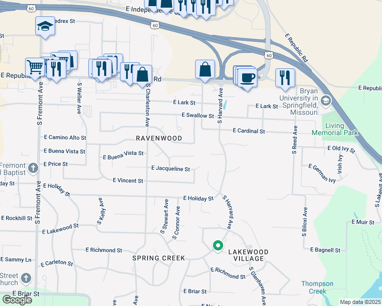 map of restaurants, bars, coffee shops, grocery stores, and more near 1943 East Buena Vista Street in Springfield