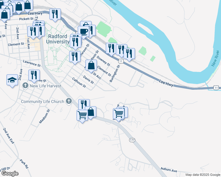 map of restaurants, bars, coffee shops, grocery stores, and more near 318 Calhoun Street in Radford