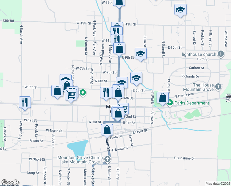 map of restaurants, bars, coffee shops, grocery stores, and more near 100 West 5th Street in Mountain Grove