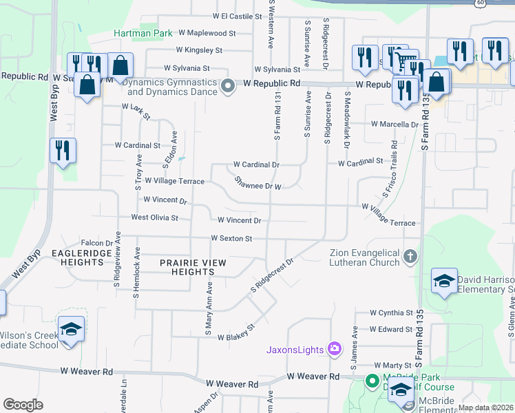 map of restaurants, bars, coffee shops, grocery stores, and more near 3528 West Village Terrace in Springfield