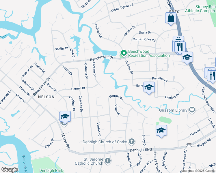 map of restaurants, bars, coffee shops, grocery stores, and more near 858 Loraine Drive in Newport News
