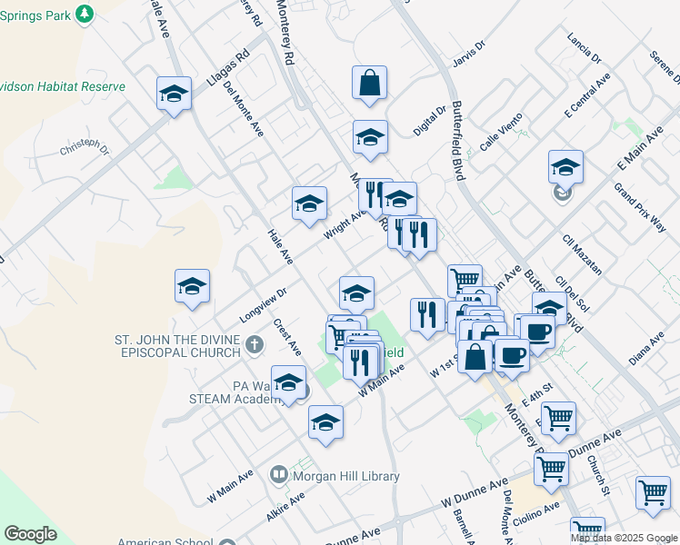 map of restaurants, bars, coffee shops, grocery stores, and more near 125 El Toro Court in Morgan Hill