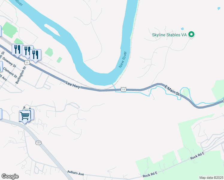 map of restaurants, bars, coffee shops, grocery stores, and more near 2 East Main Street in Radford