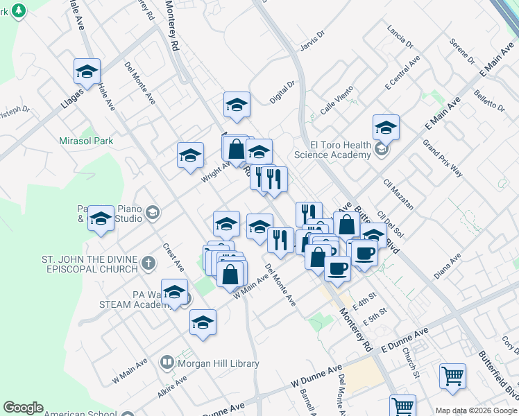 map of restaurants, bars, coffee shops, grocery stores, and more near 35 West Central Avenue in Morgan Hill