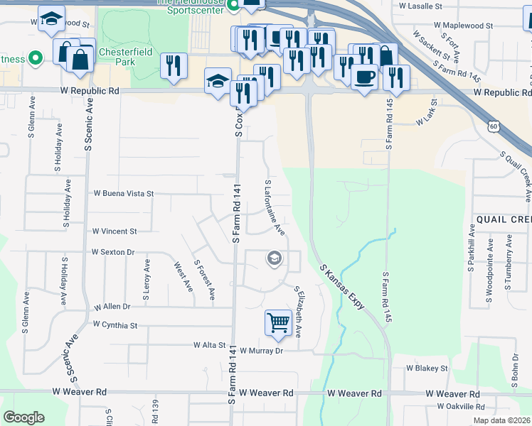 map of restaurants, bars, coffee shops, grocery stores, and more near 4543 South Lafontaine Avenue in Springfield