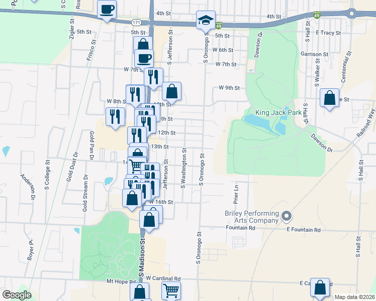 map of restaurants, bars, coffee shops, grocery stores, and more near 730 West 13th Street in Webb City
