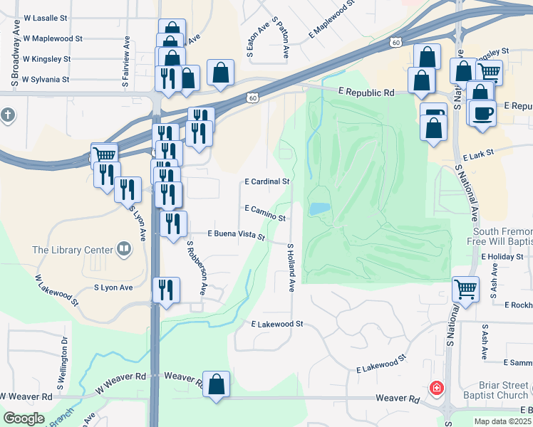 map of restaurants, bars, coffee shops, grocery stores, and more near 601 East Camino Street in Springfield