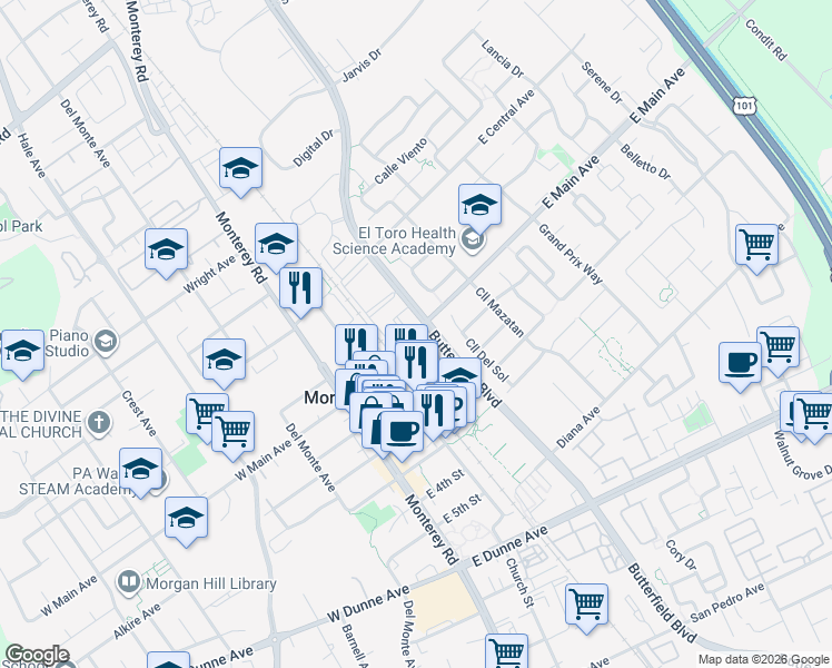 map of restaurants, bars, coffee shops, grocery stores, and more near 168 East Main Avenue in Morgan Hill