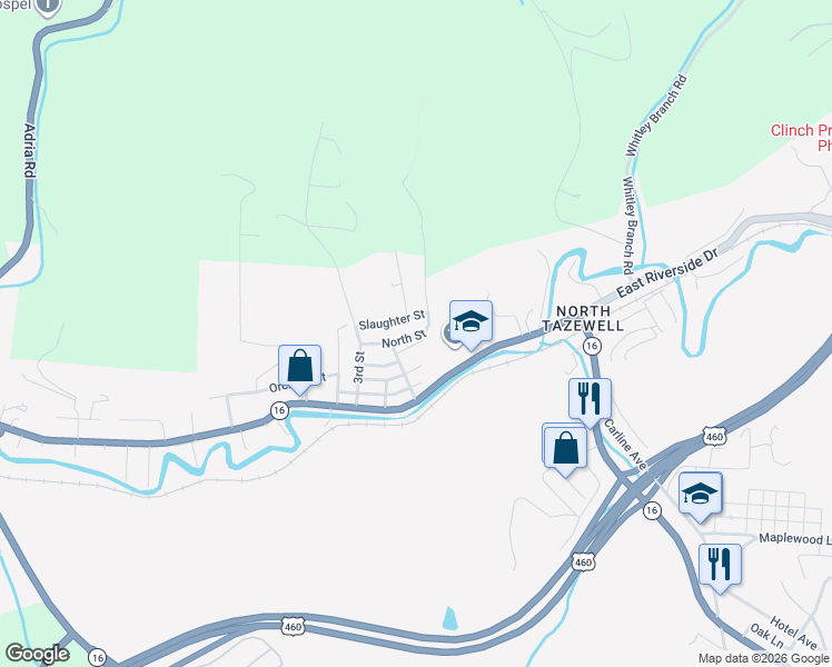 map of restaurants, bars, coffee shops, grocery stores, and more near 223 North Street in Tazewell