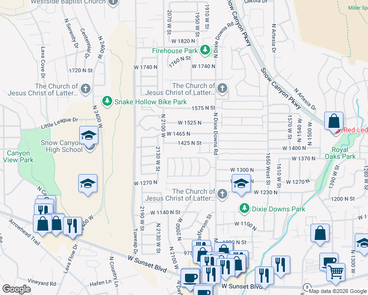 map of restaurants, bars, coffee shops, grocery stores, and more near 1406 North 2020 West in St. George