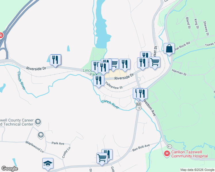 map of restaurants, bars, coffee shops, grocery stores, and more near 309 Valleyview Street in Tazewell