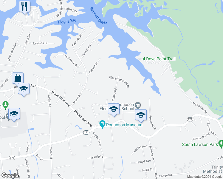 map of restaurants, bars, coffee shops, grocery stores, and more near 65 Poplar Street in Poquoson