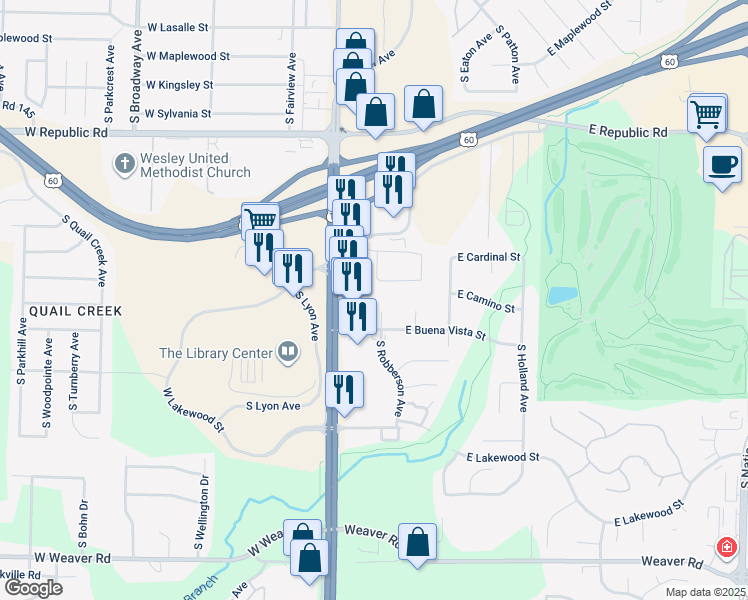 map of restaurants, bars, coffee shops, grocery stores, and more near 4516 South Robberson Avenue in Springfield