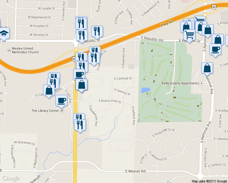 map of restaurants, bars, coffee shops, grocery stores, and more near 4506 South Roanoke Avenue in Springfield