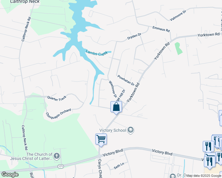 map of restaurants, bars, coffee shops, grocery stores, and more near 14 Westover Drive in Poquoson