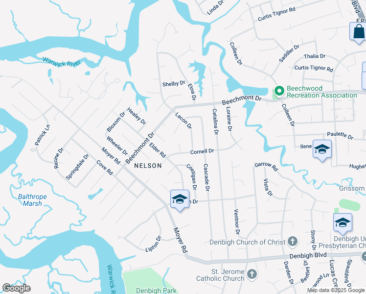 map of restaurants, bars, coffee shops, grocery stores, and more near 874 Monarda Court in Newport News