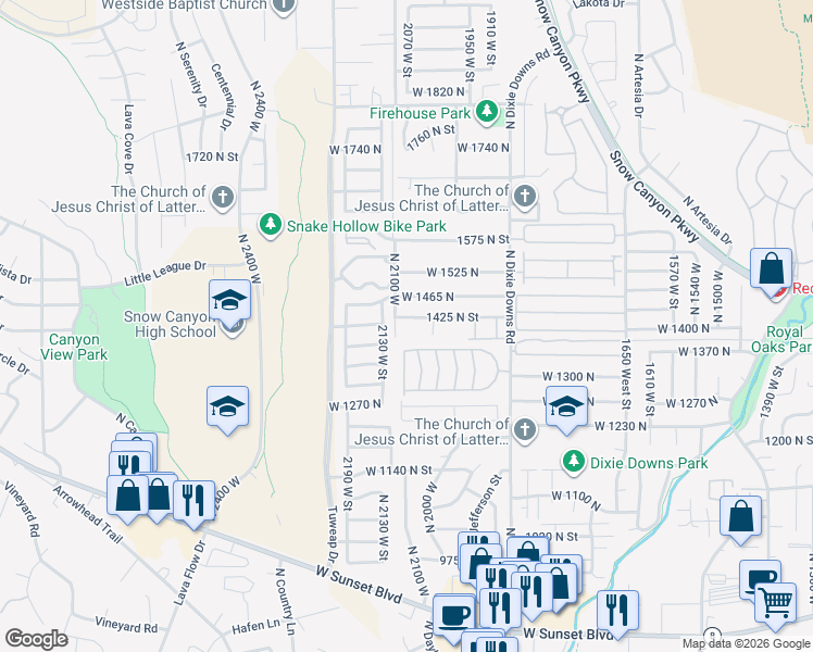 map of restaurants, bars, coffee shops, grocery stores, and more near 2073 1425 North Street in St. George