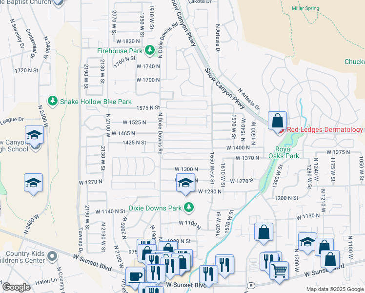 map of restaurants, bars, coffee shops, grocery stores, and more near 1450 North Dixie Downs Road in St. George