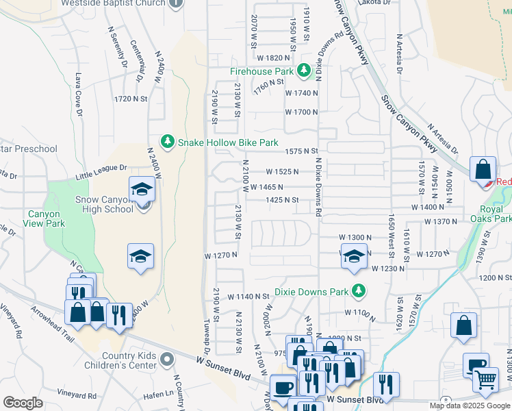map of restaurants, bars, coffee shops, grocery stores, and more near 2061 West 1425 North in St. George