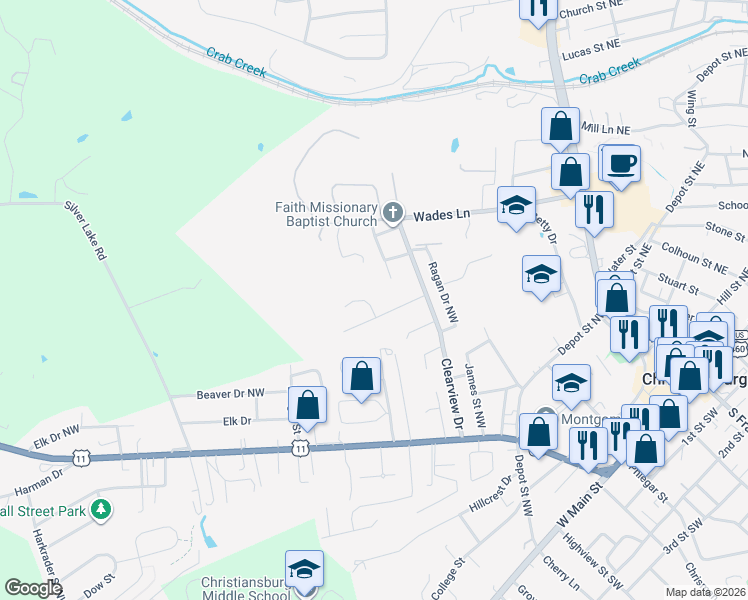 map of restaurants, bars, coffee shops, grocery stores, and more near 315 Warren Street in Christiansburg