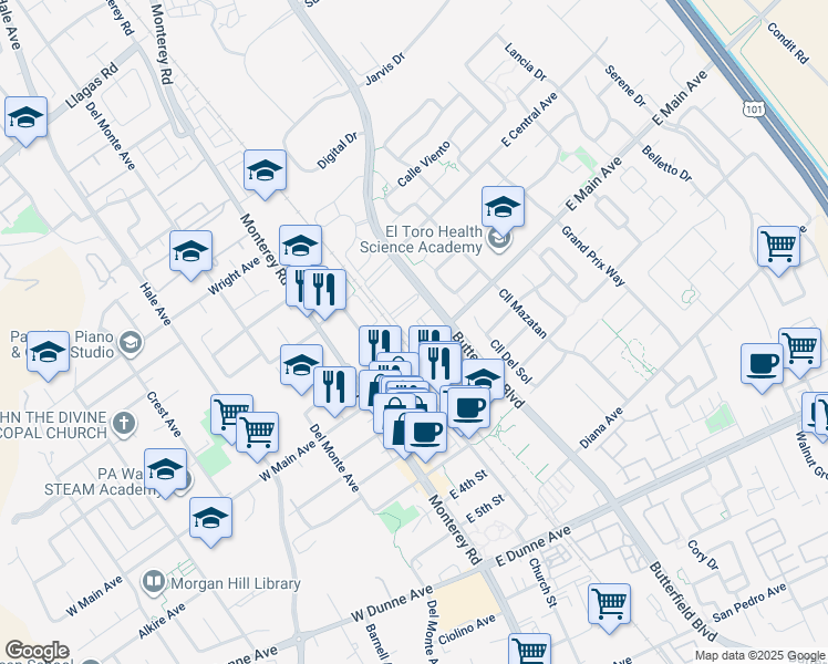 map of restaurants, bars, coffee shops, grocery stores, and more near 135 East Main Avenue in Morgan Hill