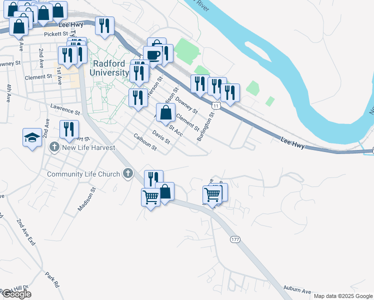 map of restaurants, bars, coffee shops, grocery stores, and more near 408 Davis Street in Radford