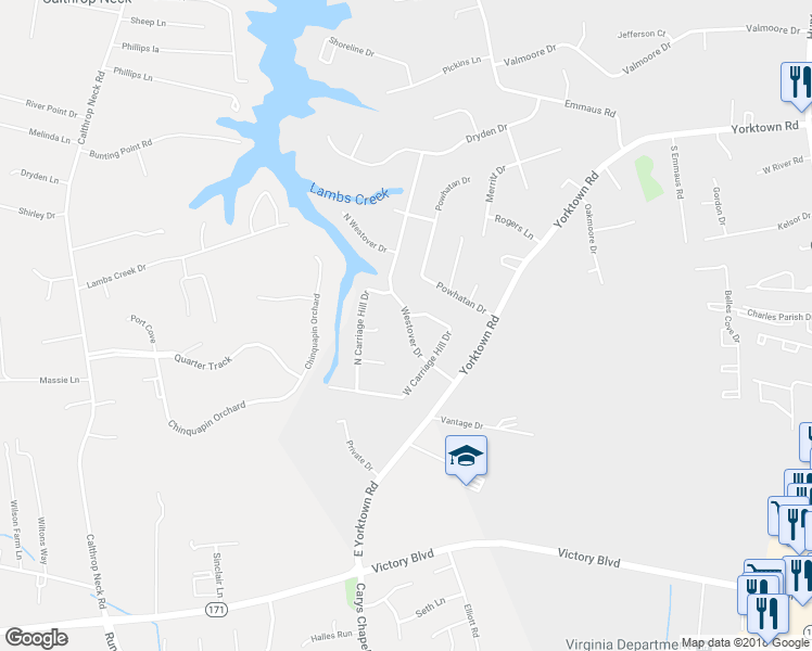map of restaurants, bars, coffee shops, grocery stores, and more near 14 Westover Drive in Poquoson
