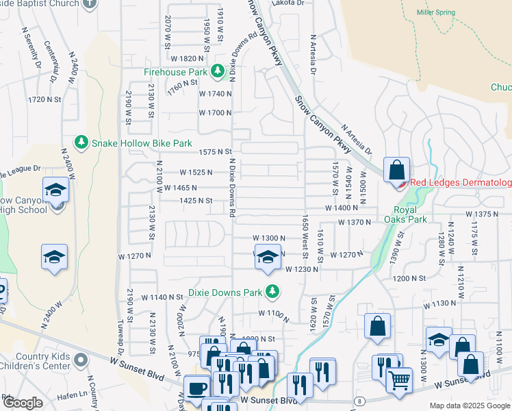 map of restaurants, bars, coffee shops, grocery stores, and more near 1450 North Dixie Downs Road in St. George