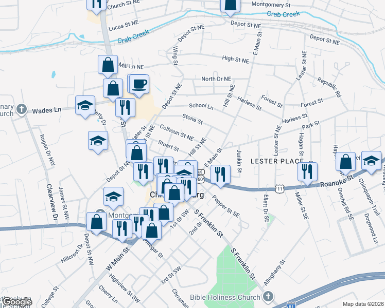 map of restaurants, bars, coffee shops, grocery stores, and more near 201 Hill Street Northeast in Christiansburg