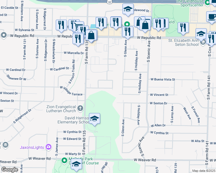 map of restaurants, bars, coffee shops, grocery stores, and more near 2975 West Village Terrace in Springfield