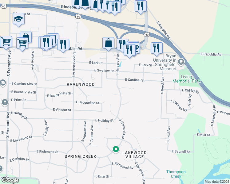 map of restaurants, bars, coffee shops, grocery stores, and more near 2001 East Timber Hill Place in Springfield