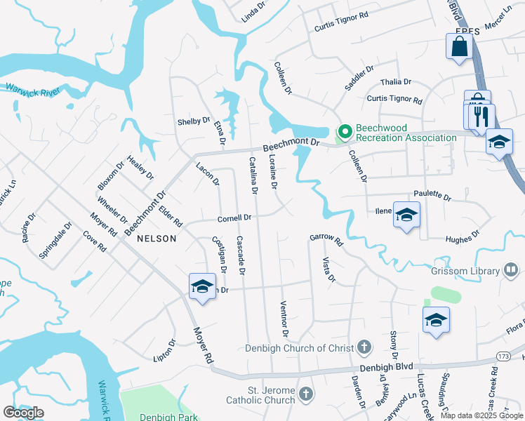 map of restaurants, bars, coffee shops, grocery stores, and more near 872 Catalina Drive in Newport News