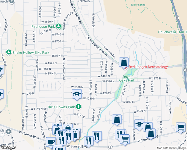 map of restaurants, bars, coffee shops, grocery stores, and more near 1628 West 1400 North in St. George